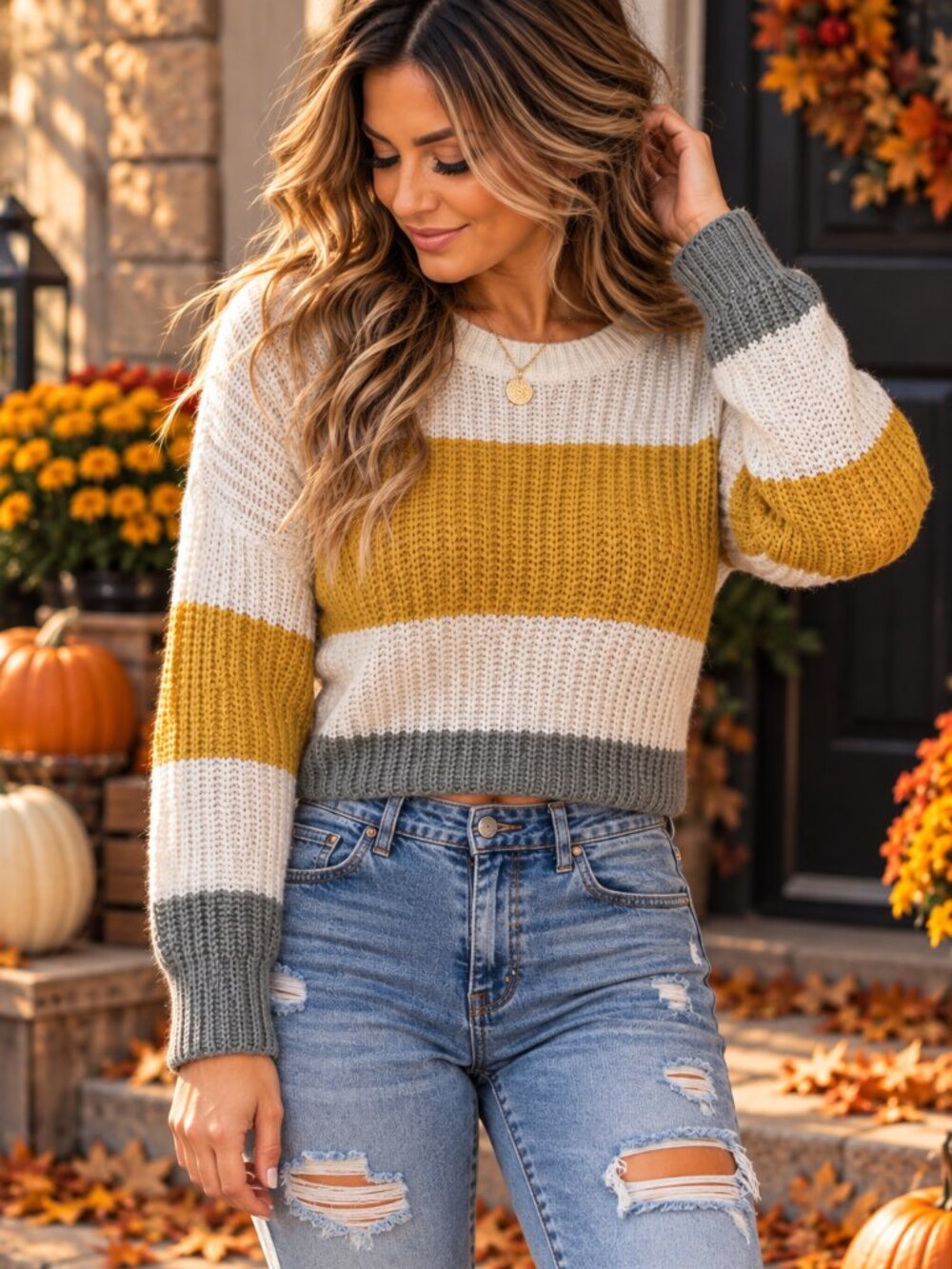 Moon & Madison Colorblock Cropped Shaker Knit Sweater Mustard Gray S 129